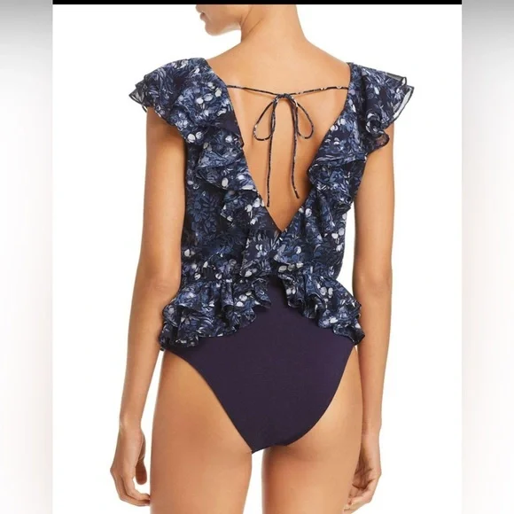 Bardot NWT Emily Ruffled Floral Print Bodysuit in a navy blue color. size 12 - Picture 3 of 7